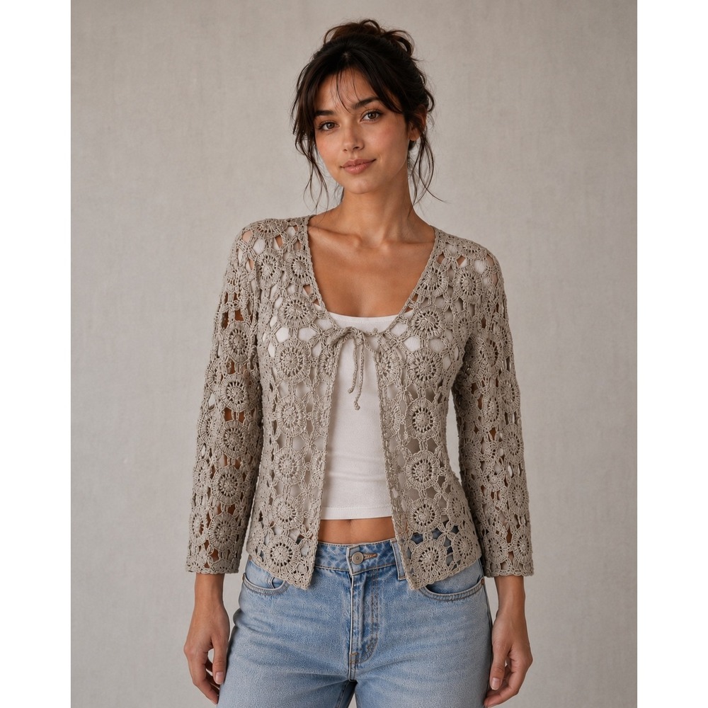 Clio‎ 90s Cotton Ramie Crochet Beige Open Knit Tie Front Cardigan Petite Medium